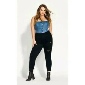 City Chic Womens 24W Short Distressed Skinny Jeans Black Stretch Mid Rise NEW